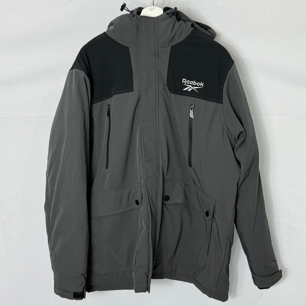 Reebok Hooded Winter Coat Jacket Mens Size XL Gray & Black Full Zip Pockets